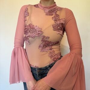 Sheer mesh appliqué bodysuit